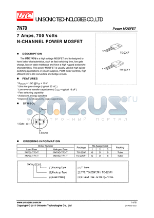 7N70L-TF1-T datasheet - 7 Amps, 700 Volts N-CHANNEL POWER MOSFET
