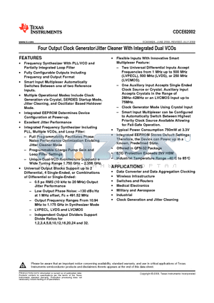 CDCE62002 datasheet - Four Output Clock Generator/Jitter Cleaner With Integrated Dual VCOs