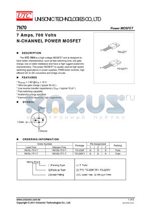 7N70G-TF1-T datasheet - 7 Amps, 700 Volts N-CHANNEL POWER MOSFET