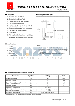 BL-R5139-T datasheet - GaP /GaP Bright Red Low power consumption.