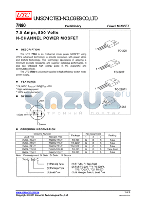 7N80G-TA3-T datasheet - 7.0 Amps, 800 Volts N-CHANNEL POWER MOSFET
