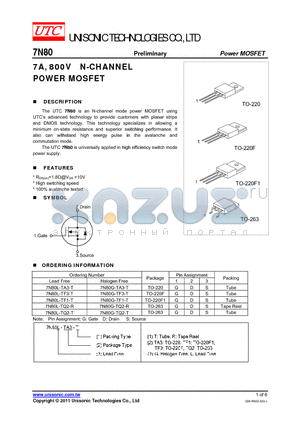 7N80G-TF1-T datasheet - 7A, 800V N-CHANNEL POWER MOSFET