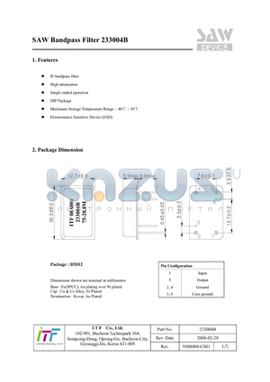 233004B datasheet - SAW Bandpass Filter