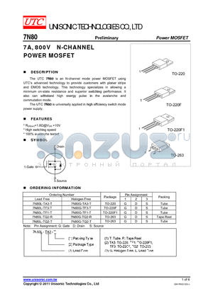7N80G-TF3-T datasheet - 7A, 800V N-CHANNEL POWER MOSFET