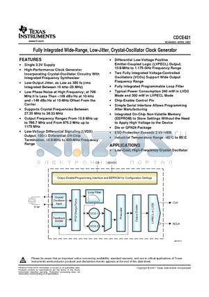 CDCE421RGETG4 datasheet - Fully Integrated Wide-Range, Low-Jitter, Crystal-Oscillator Clock Generator