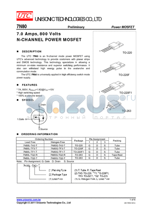 7N80L-TF1-T datasheet - 7.0 Amps, 800 Volts N-CHANNEL POWER MOSFET