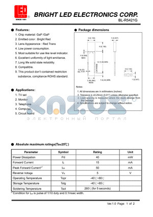 BL-R5421G datasheet - GaP /GaP Bright Red Low power consumption.