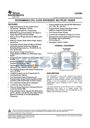 CDCE906PWG4 datasheet - PROGRAMMABLE 3-PLL CLOCK SYNTHESIZER / MULTIPLIER / DIVIDER