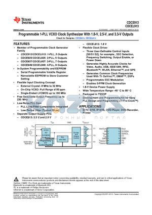 CDCE913PW datasheet - Programmable 1-PLL VCXO Clock Synthesizer With 1.8-V, 2.5-V, and 3.3-V Outputs