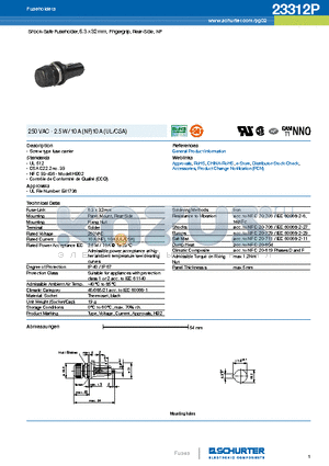 23312P datasheet - Shock-Safe Fuseholder, 6.3 x 32 mm, Fingergrip, Rear-Side, NF