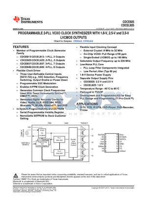 CDCE925 datasheet - PROGRAMMABLE 2-PLL VCXO CLOCK SYNTHESIZER WITH 1.8-V, 2.5-V and 3.3-V LVCMOS OUTPUTS