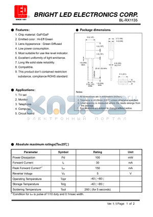 BL-RX1135 datasheet - GaP/GaP Hi-Eff Green Low power consumption.
