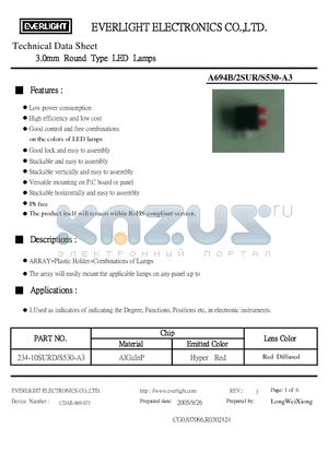 234-10SURD/S530-A3 datasheet - 3.0mm Round Type LED Lamps