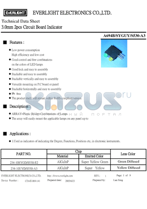 234-10UYD/S530-A3 datasheet - 3.0mm 2pcs Circuit Board Indicator