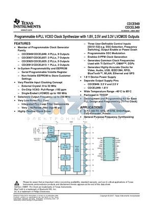 CDCE949PWR datasheet - Programmable 4-PLL VCXO Clock Synthesizer with 1.8V, 2.5V and 3.3V LVCMOS Outputs