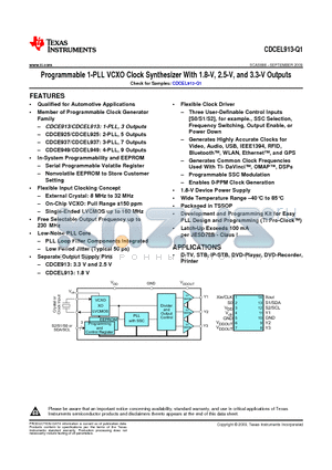 CDCEL913-Q1 datasheet - Programmable 1-PLL VCXO Clock Synthesizer With 1.8-V, 2.5-V, and 3.3-V Outputs