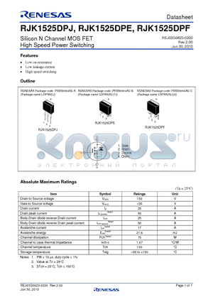 7RJK1525DPF datasheet - Silicon N Channel MOS FET High Speed Power Switching