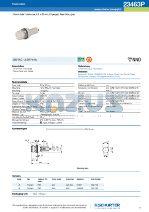 23463P datasheet - Shock-Safe Fuseholder, 6.3 x 32 mm, Fingergrip, Rear-Side, grau