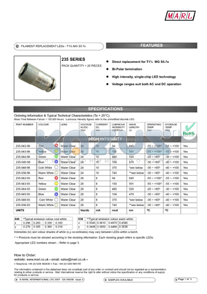 235-038-93 datasheet - FILAMENT REPLACEMENT LEDs - T1n MG S5.7s