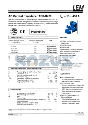 APR400-B420L datasheet - AC Current transducer APR-B420L