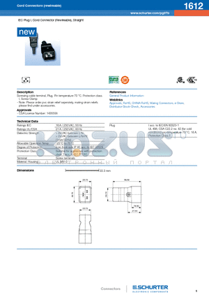 1612 datasheet - IEC Plug I, Cord Connector (Rewireable), Straight
