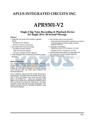 APR9301-V2 datasheet - SINGLE-CHIP VOICE RECORDING & PLAYBACK DEVICE FOR SINGLE 20 TO 30 SECOND MESSAGE