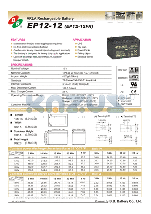 EP12-12 datasheet - VRLA Rechargeable Battery