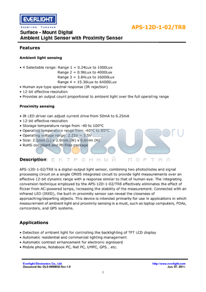 APS-12D-1-02-TR8 datasheet - Surface - Mount Digital Ambient Light Sensor with Proximity Sensor