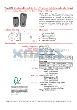 3191BA103M016BPA1 datasheet - Aluminum Electrolytic, Screw Terminals, Switching and Audio Output