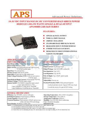 APS100HD-24B-D025B datasheet - 18-36 VDC INPUT RANGE DC-DC CONVERTER HALF-BRICK POWER MODULES 100-150 WATTS SINGLE & DUAL OUTPUT