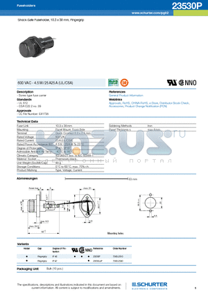 23530P datasheet - Shock-Safe Fuseholder, 10.3 x 38 mm, Fingergrip
