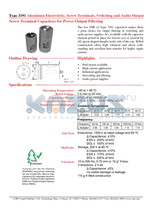 3191BB183M7R5BPA1 datasheet - Aluminum Electrolytic, Screw Terminals, Switching and Audio Output