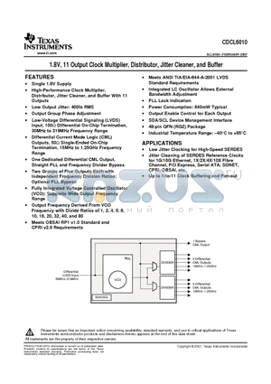 CDCL6010RGZR datasheet - 1.8V, 11 Output Clock Multiplier, Distributor, Jitter Cleaner, and Buffer