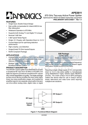 APS3611 datasheet - 870 GHz Two-way Active Power Splitter Optimized for MOCA-Enabled Subscriber equipment