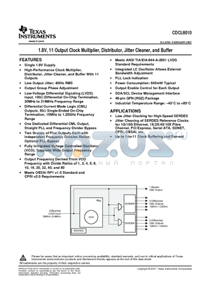 CDCL6010RGZRG4 datasheet - 1.8V, 11 Output Clock Multiplier, Distributor, Jitter Cleaner, and Buffer