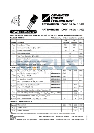 APT1001R3BN datasheet - N-CHANNEL ENHANCEMENT MODE HIGH VOLTAGE POWER MOSFETS