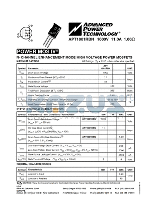 APT1001RBN datasheet - N-CHANNEL ENHANCEMENT MODE HIGH VOLTAGE POWER MOSFETS