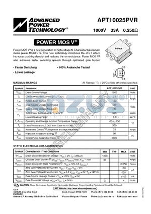 APT10025PVR datasheet - Power MOS V is a new generation of high voltage N-Channel enhancement mode power MOSFETs.
