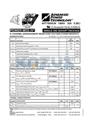 APT10026JN datasheet - N-CHANNEL ENHANCEMENT MODE HIGH VOLTAGE POWER MOSFETS