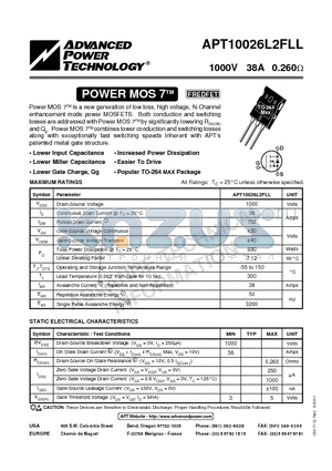 APT10026L2FLL datasheet - Power MOS 7TM is a new generation of low loss, high voltage, N-Channel enhancement mode power MOSFETS.