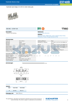 23748B datasheet - Fuseholder Open Design, 6.3 x 32 mm, Screw Clamp, grey