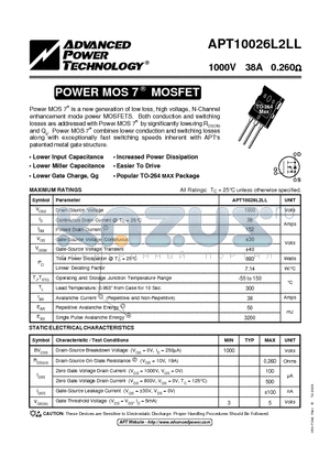 APT10026L2LL datasheet - Power MOS 7TM is a new generation of low loss, high voltage, N-Channel enhancement mode power MOSFETS.