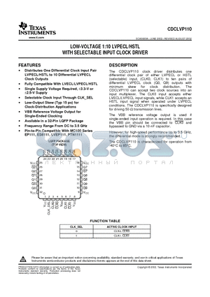 CDCLVP110VFR datasheet - LOW-VOLTAGE 1:10 LVPECL/HSTL WITH SELECTABLE INPUT CLOCK DRIVER