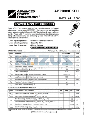 APT1003RKFLL datasheet - POWER MOS 7 FREDFET