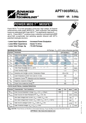 APT1003RKLL datasheet - POWER MOS 7 MOSFET