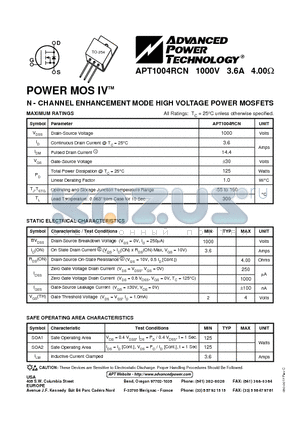 APT1004 datasheet - N - CHANNEL ENHANCEMENT MODE HIGH VOLTAGE POWER MOSFETS