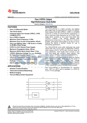 CDCLVP2102RGTR datasheet - Four LVPECL Output, High-Performance Clock Buffer