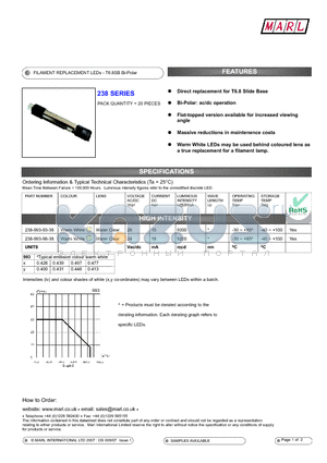 238-993-98-38 datasheet - FILAMENT REPLACEMENT LEDs - T6.8SB Bi-Polar