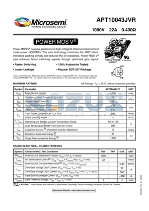 APT10043JVR datasheet - Power MOS V is a new generation of high voltage N-Channel enhancement mode power MOSFETs.