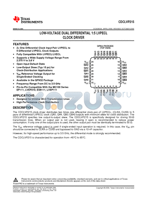 CDCLVP215 datasheet - LOW-VOLTAGE DUAL DIFFERENTIAL 1:5 LVPECL CLOCK DRIVER